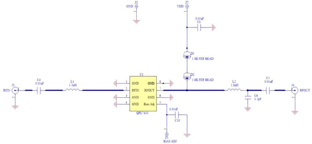 アプリケーション回路図 - Qorvo QPL7433 45MHz ~ 3.3GHz 低ノイズアンプ