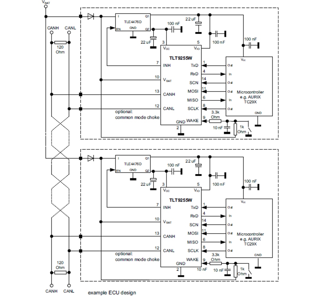 アプリケーション回路図 - Infineon Technologies TLT9255WLCハイスピードCAN FDトランシーバ