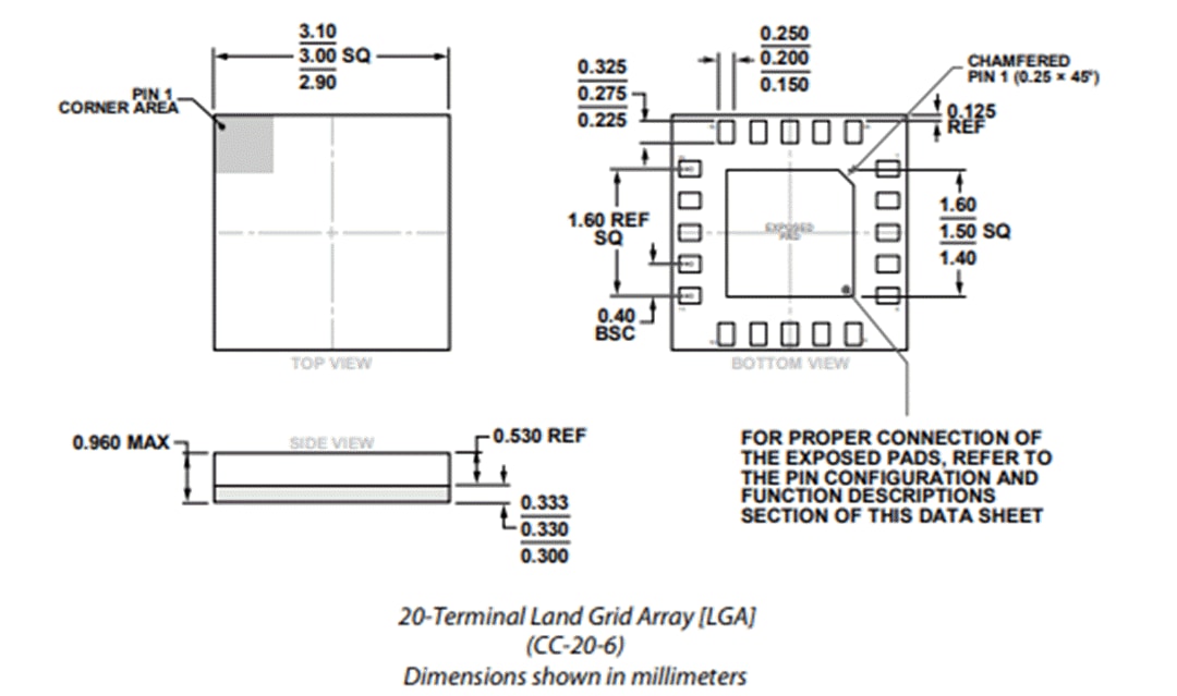 機械図面 - Analog Devices Inc. ADRF5047シリコン SP4Tリフレクティブスイッチ（9kHz～44GHz）
