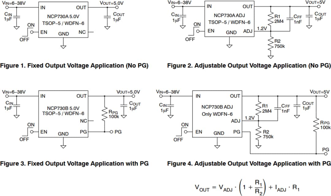 アプリケーション回路図 - onsemi NCP730 CMOS LDOレギュレータ