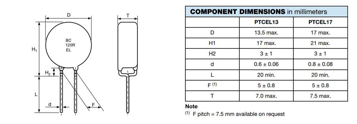 機械図面 - Vishay / BC Components PTCEL突入電流制限PTCサーミスタ