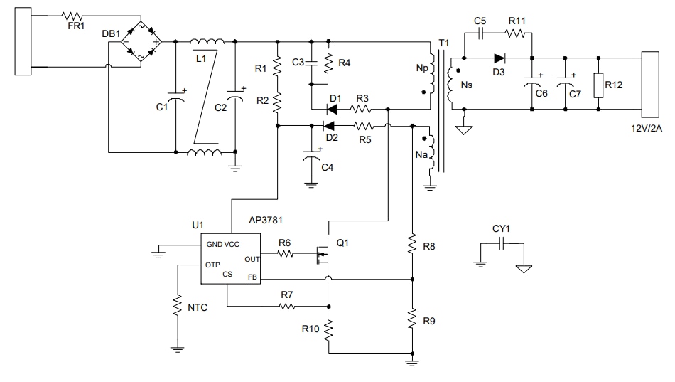 アプリケーション回路図 - Diodes Incorporated AP3781 AC/DC電源コントローラ