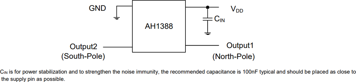 アプリケーション回路図 - Diodes Incorporated AH1388デュアル出力ユニポーラホール効果スイッチ