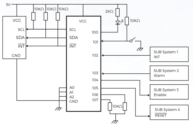 アプリケーション回路図 - Diodes Incorporated PI4IOE5V9554 8ビットIOエキスパンダ