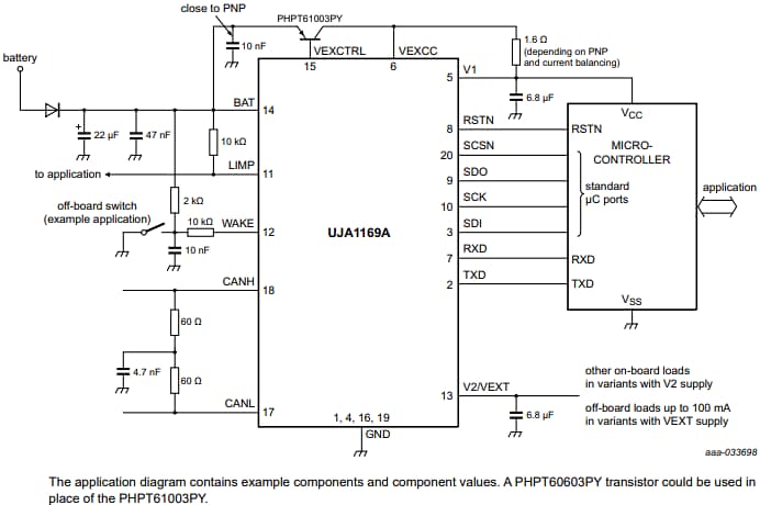 アプリケーション回路図 - NXP Semiconductors UJA1169A CANシステムベーシスチップ（SBC）