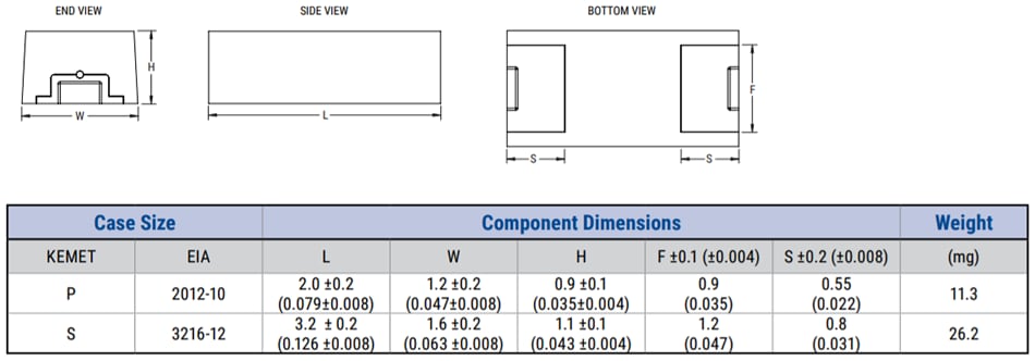 機械図面 - KEMET T597 125°C 小型サイズ AEC-Q200 ポリマーコンデンサ