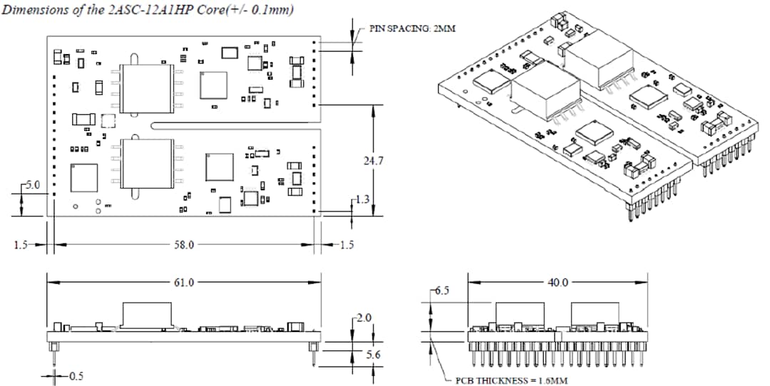 機械図面 - Microsemi / Microchip AgileSwitch® 2ASC-12A1HP SiCゲートドライバコア