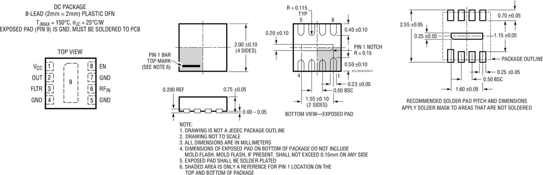 機械図面 - Analog Devices Inc. LTC5597 RMSパワー検出器(0.1GHz~70GHz)