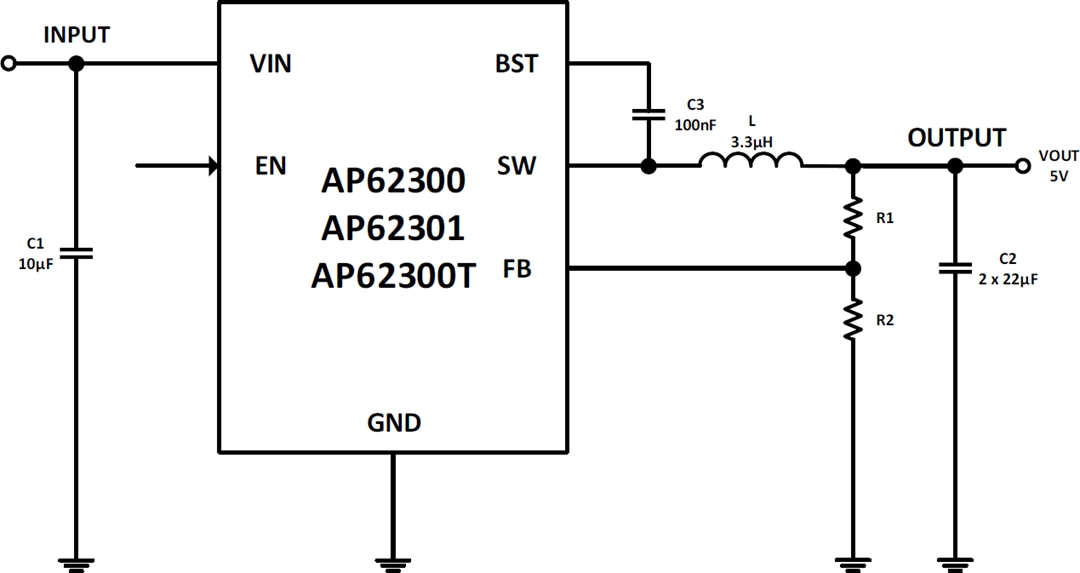 アプリケーション回路図 - Diodes Incorporated AP62300/1 & AP62300T同期ブックコンバータ