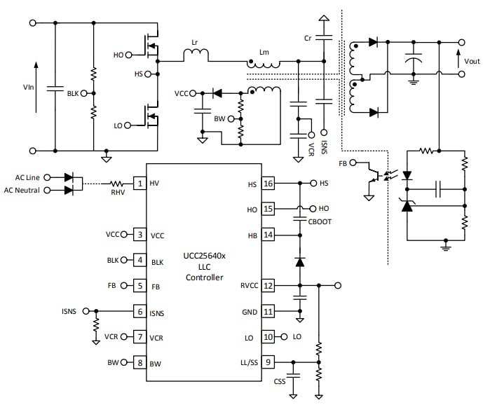 回路図 - Texas Instruments UCC25640x LLC共振コントローラ