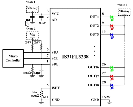 Application Circuit Diagram - Lumissil IS31FL3238 18-Channel LED Driver