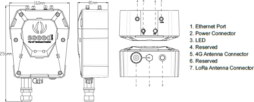 機械図面 - Seeed Studio SenseCAP LoRaWAN®ゲートウェイ