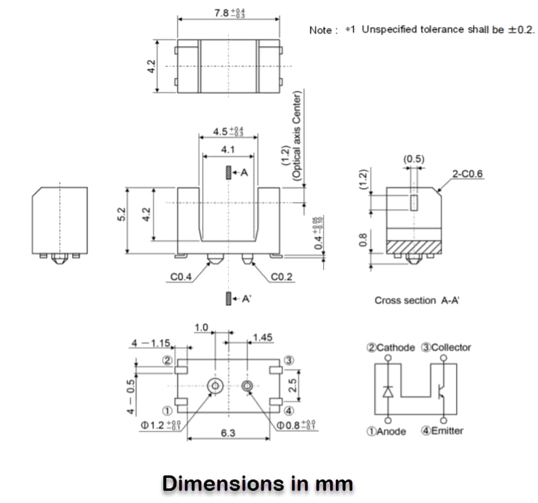 機械図面 - ROHM Semiconductor RPI-0451E光センサー