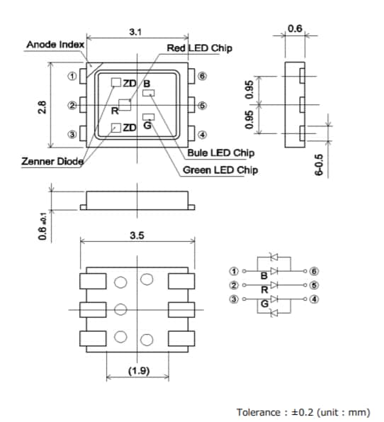機械図面 - ROHM Semiconductor SMLVN6RGB7W1 3色LED