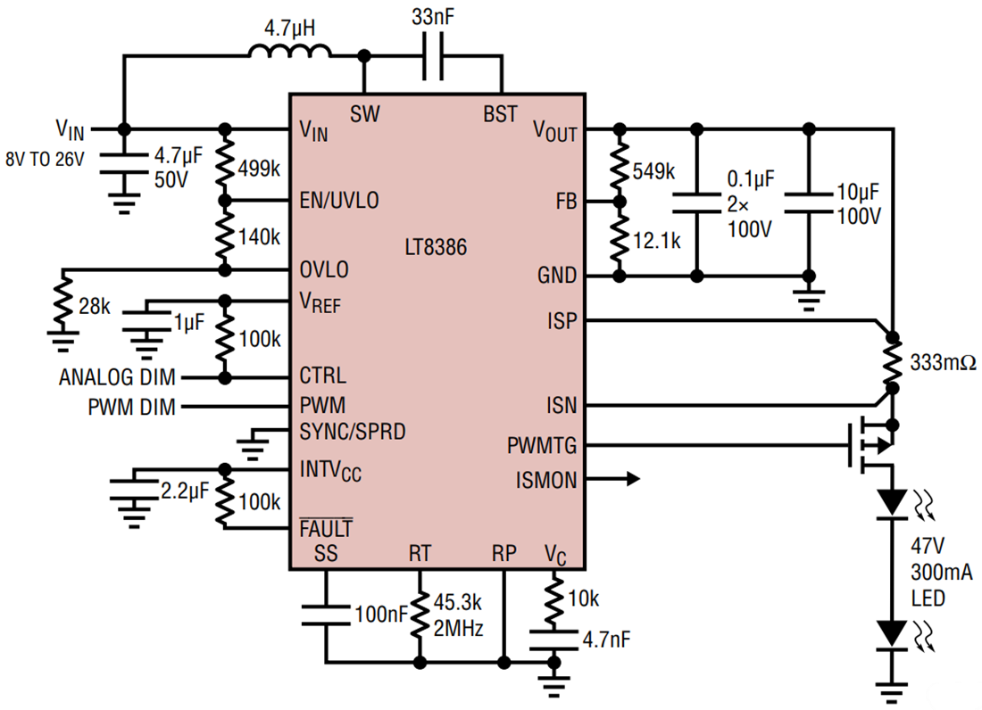 アプリケーション回路図 - Analog Devices Inc. LT8386同期昇圧LEDドライバ