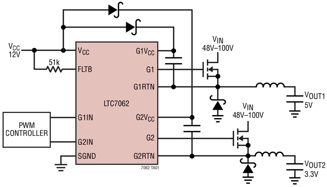 アプリケーション回路図 - Analog Devices Inc. LTC7062デュアル高圧側MOSFETゲートドライバ