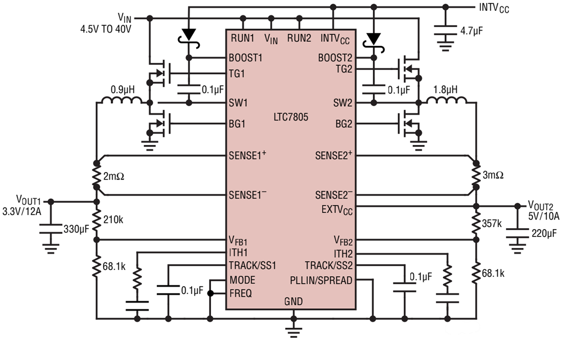 アプリケーション回路図 - Analog Devices Inc. LTC7805同期降圧型コントローラ