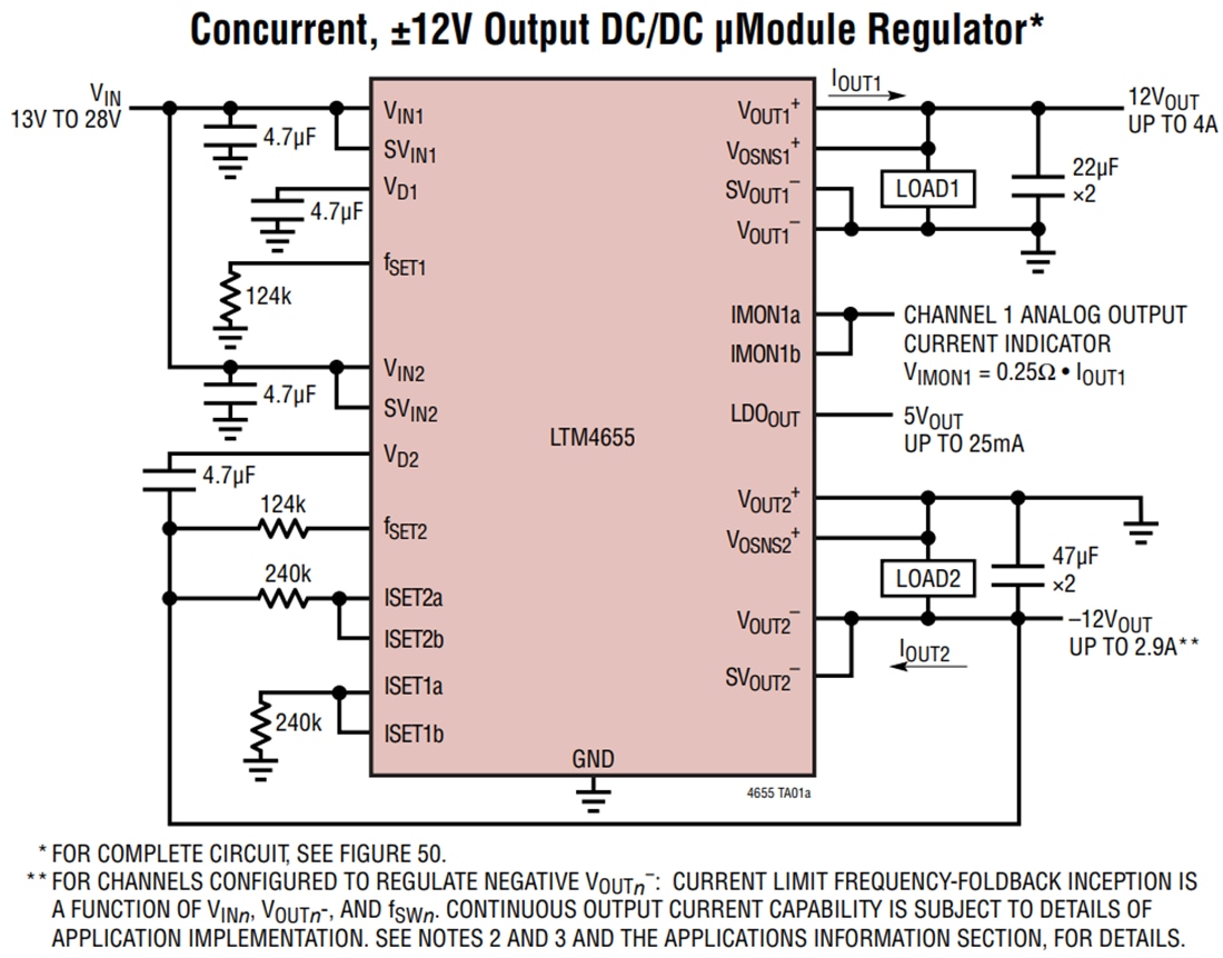 アプリケーション回路図 - Analog Devices Inc. LTM4655デュアル/シングル反転μModule® レギュレータ
