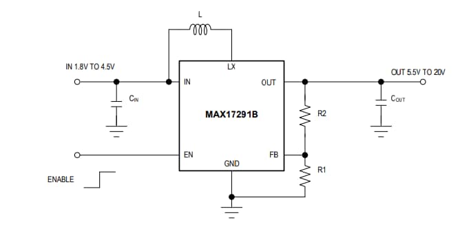 アプリケーション回路図 - Analog Devices / Maxim Integrated MAX17291B高電圧Micropowerブーストコンバータ