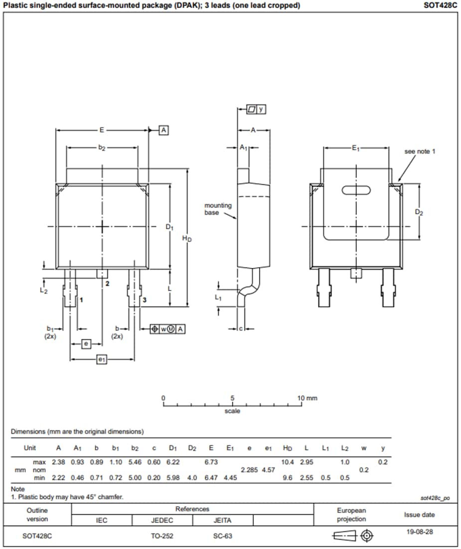 機械図面 - Nexperia MJD41C & MJD42C 100V 6Aバイポーラ・トランジスタ