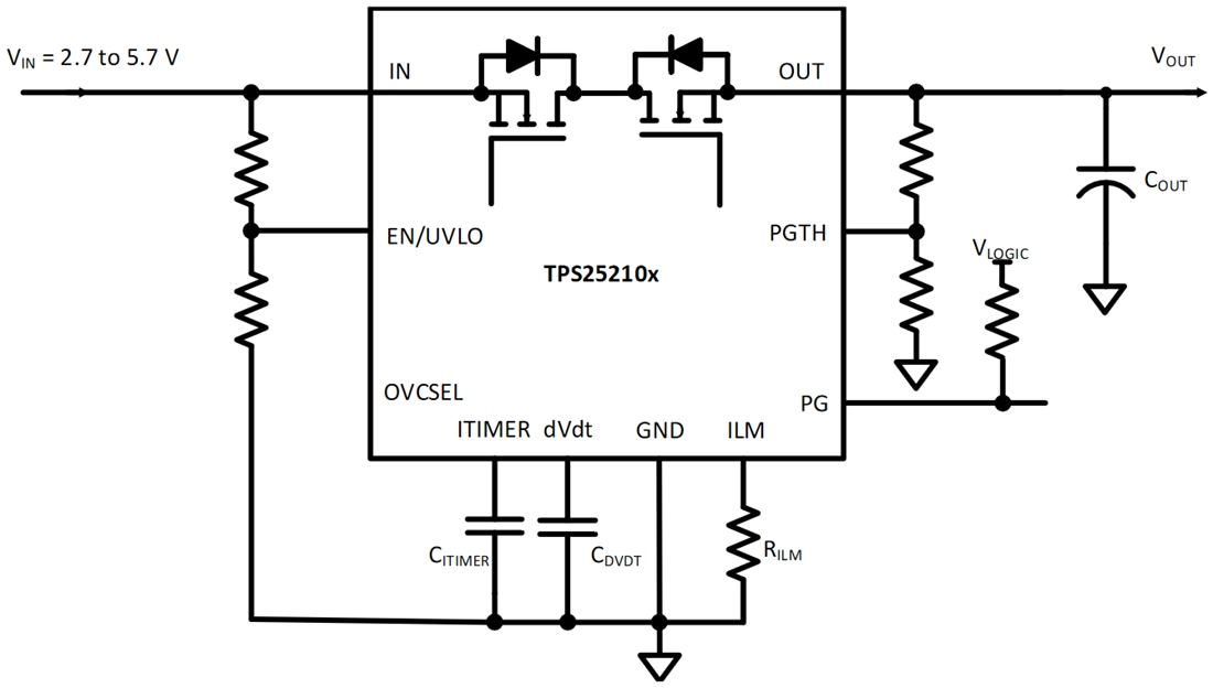 回路図 - Texas Instruments TPS2521x 4A eFuse