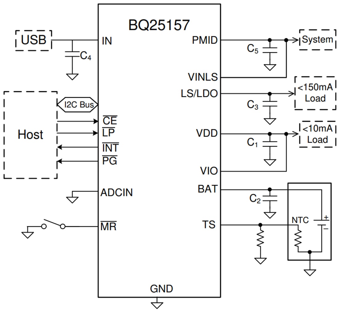 回路図 - Texas Instruments bq25157 1セル・リニアバッテリ充電器
