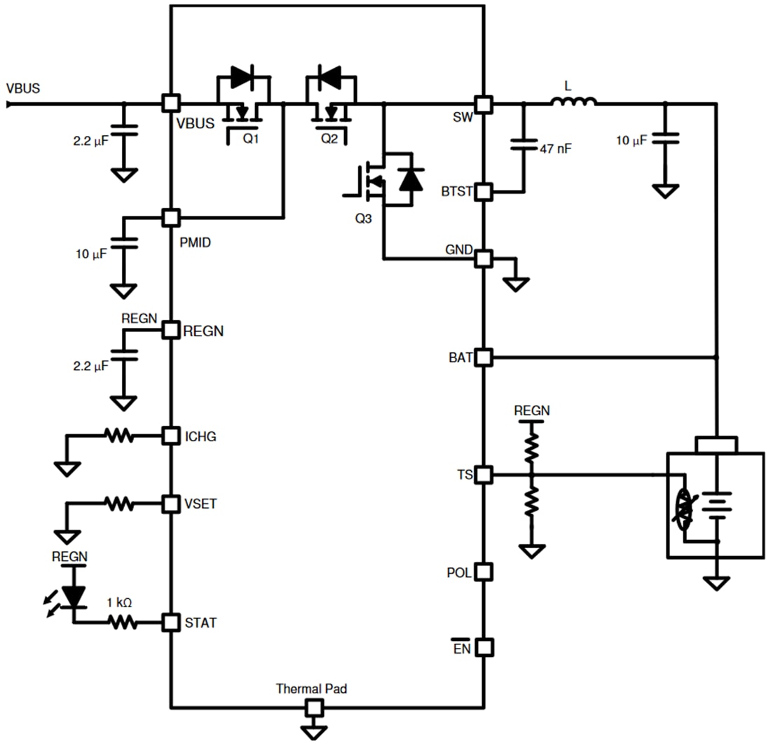 アプリケーション回路図 - Texas Instruments bq25300スイッチモード・バッテリ充電器