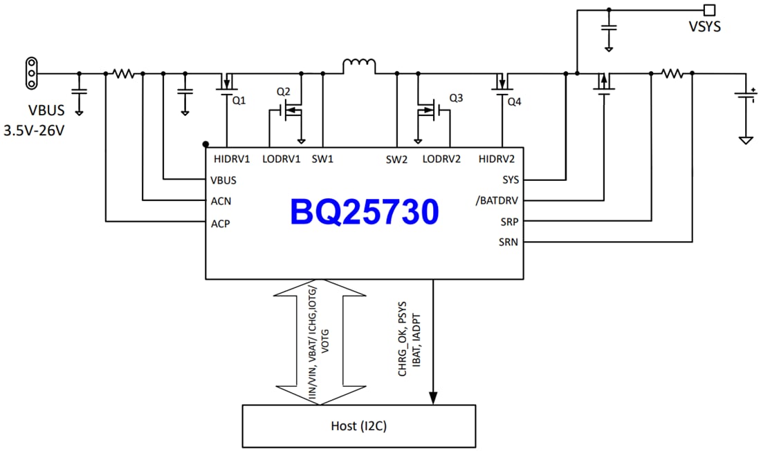 アプリケーション回路図 - Texas Instruments bq25730バックブースト・バッテリ充電コントローラ
