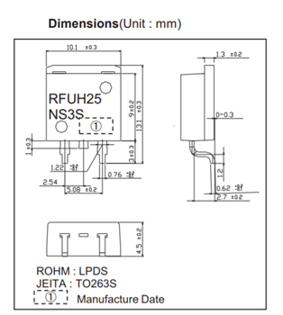 機械図面 - ROHM Semiconductor RFUH25NS3S高速リカバリダイオード