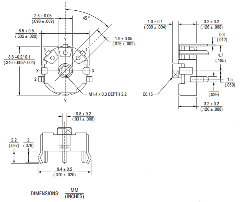 機械図面 - Bourns PDB08 Microロータリポテンショメータ