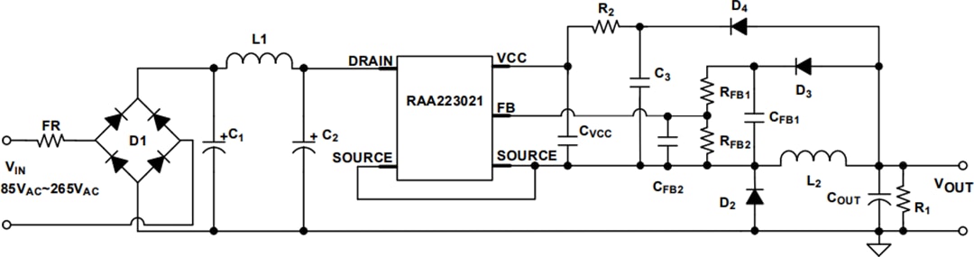 アプリケーション回路図 - Renesas Electronics RAA223021 700V非絶縁AC/DCバックレギュレータ