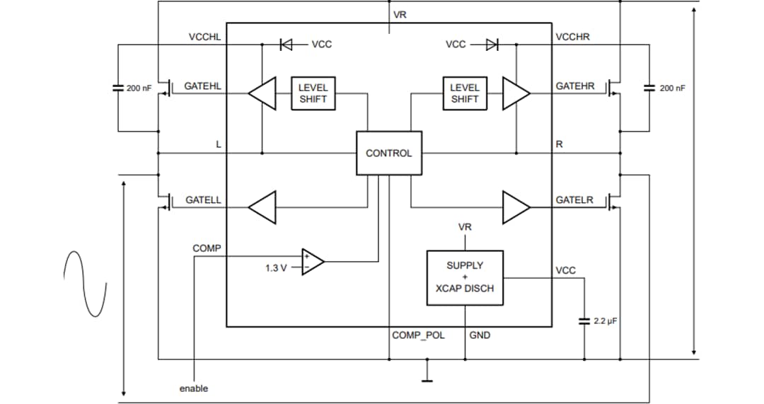 アプリケーション回路図 - NXP Semiconductors TEA2209Tアクティブブリッジ整流器コントローラ