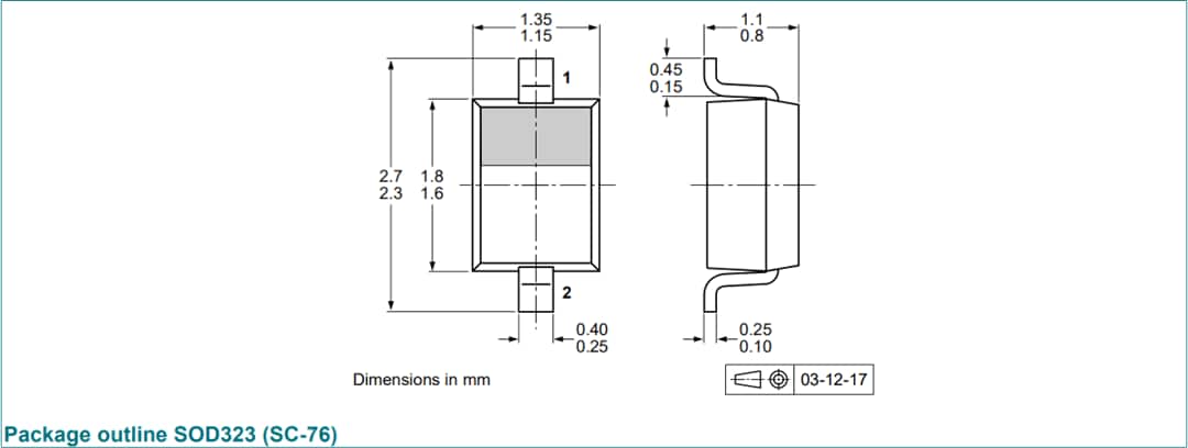 機械図面 - Nexperia BZX38450-Q電圧レギュレータダイオード