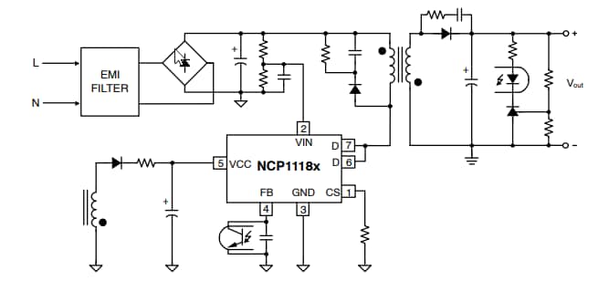 アプリケーション回路図 - onsemi NCP1118x mWSaver®集積パワースイッチャ