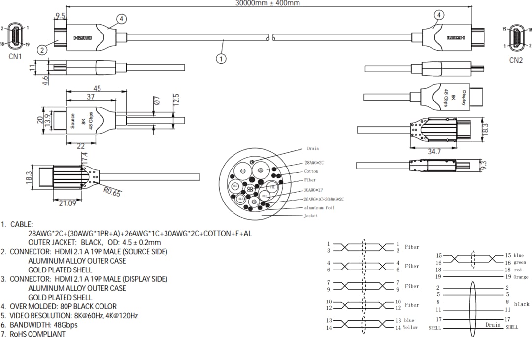 Mechanical Drawing - Qualtek Electronics HDMI 2.1 Active Optical Cables