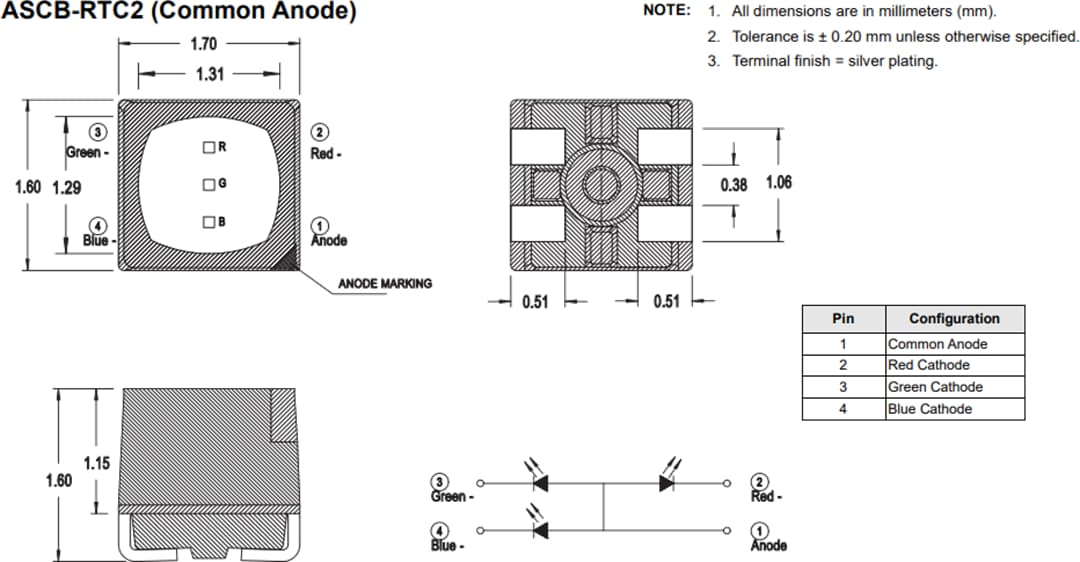 機械図面 - Broadcom ASCB-RTCx 3色PLCC-4 LED