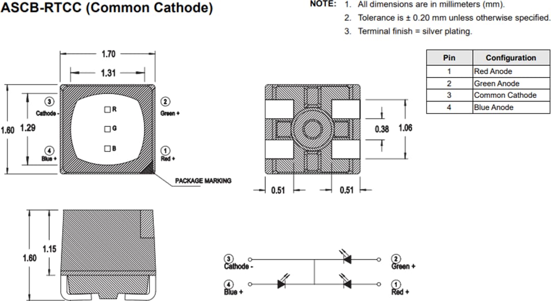 機械図面 - Broadcom ASCB-RTCx 3色PLCC-4 LED