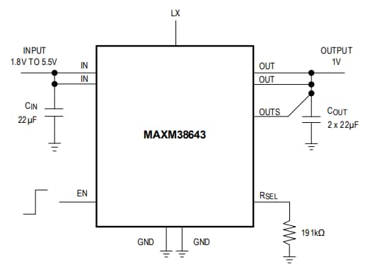 アプリケーション回路図 - Analog Devices / Maxim Integrated MAXM38643 nanoPowerバックモジュール