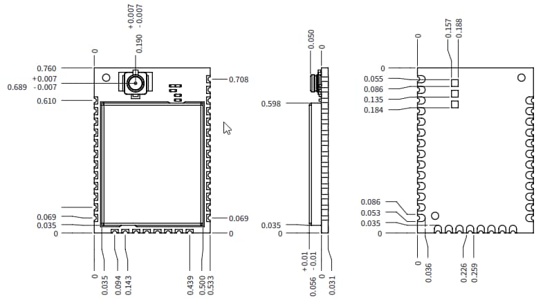 機械図面 - Digi XBee® 3 Zigbee 3.0モジュール