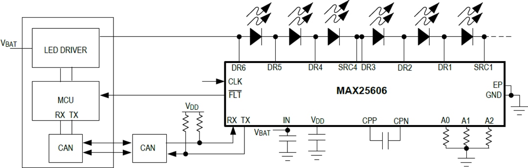 アプリケーション回路図 - Analog Devices / Maxim Integrated MAX25606 6スイッチ対応マトリックスマネージャ（LED照明用）