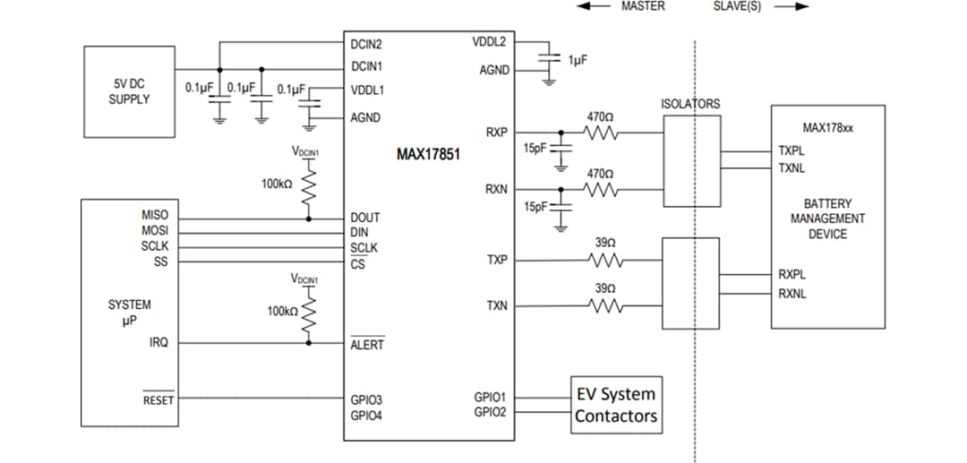 アプリケーション回路図 - Analog Devices / Maxim Integrated MAX17851 SPI to UART安全監視ブリッジ