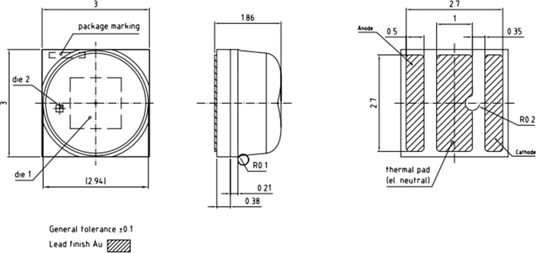 機械図面 - ams OSRAM OSLON®Square GD CSBRM2.14ディープブルーLED