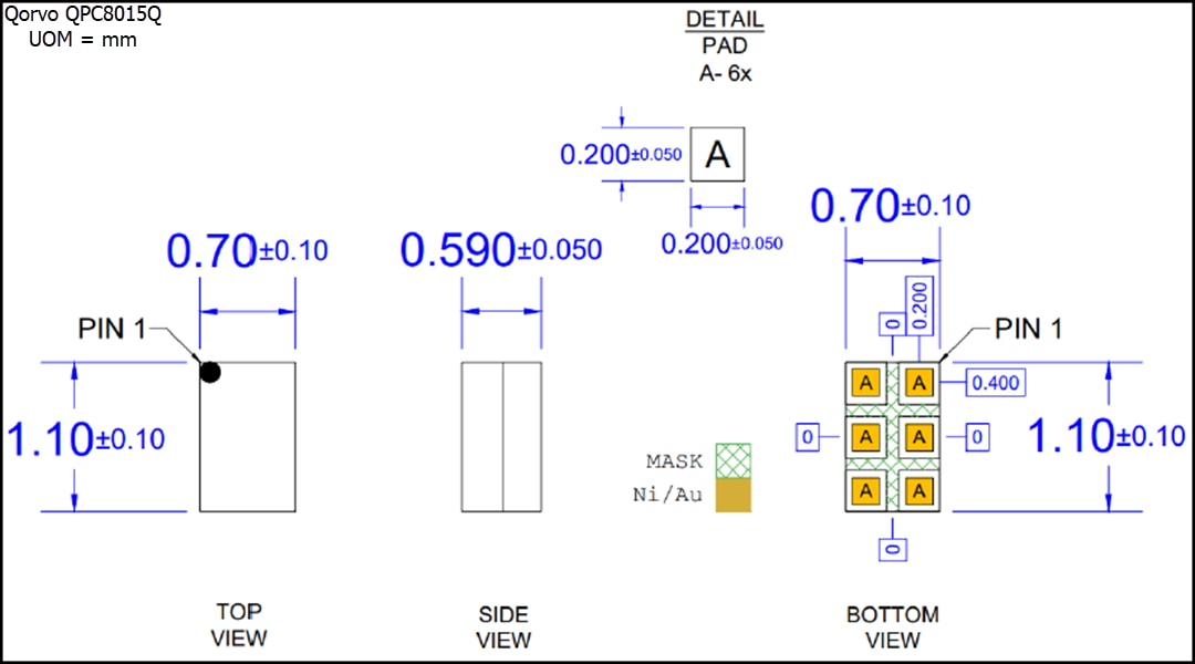 機械図面 - Qorvo QPC8015Q SPDT配線スイッチ