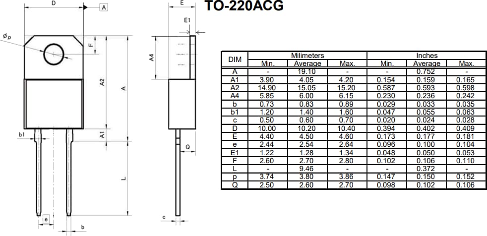 機械図面 - ROHM Semiconductor TO-220ACG SiCショットキーバリアダイオード