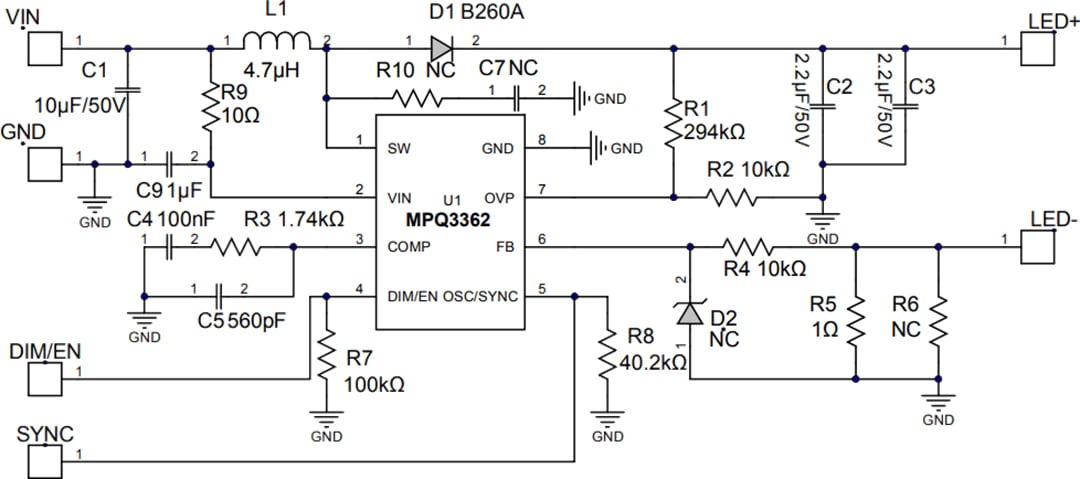 Schematic - Monolithic Power Systems (MPS) EVQ3362-J-00A LED Driver Evaluation Board