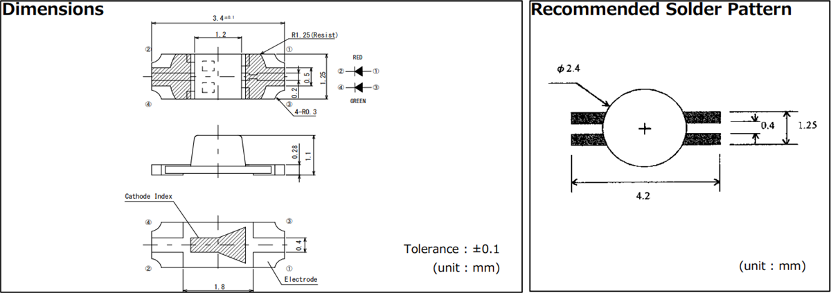 機械図面 - ROHM Semiconductor SML-825MVW 2色チップLED