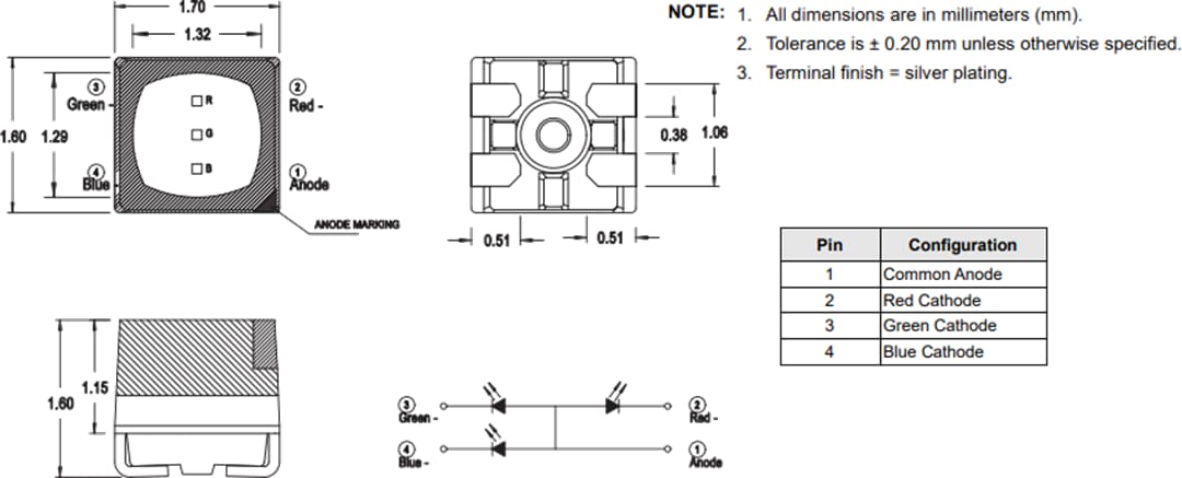 機械図面 - Broadcom ASCB-RTF2 3色PLCC-4 LED
