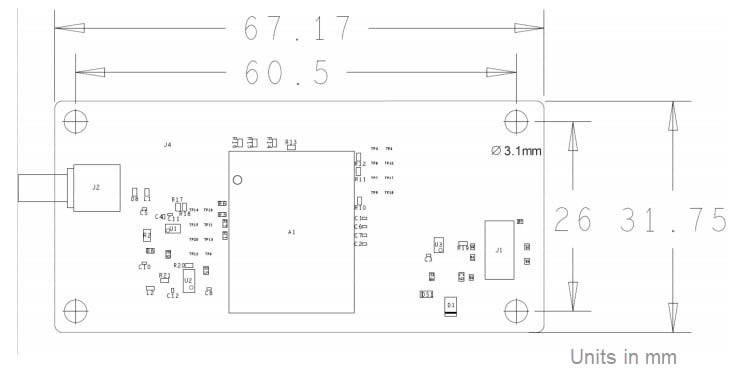 機械図面 - u-blox RCB-F9Tタイミングボード