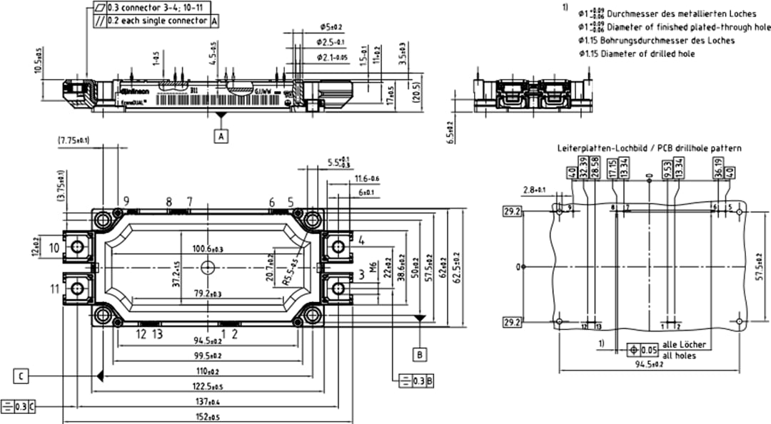 機械図面 - Infineon Technologies 1,700V Fourpack IGBTモジュール