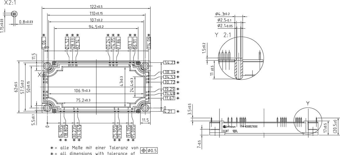 機械図面 - Infineon Technologies 1,700V Fourpack IGBTモジュール
